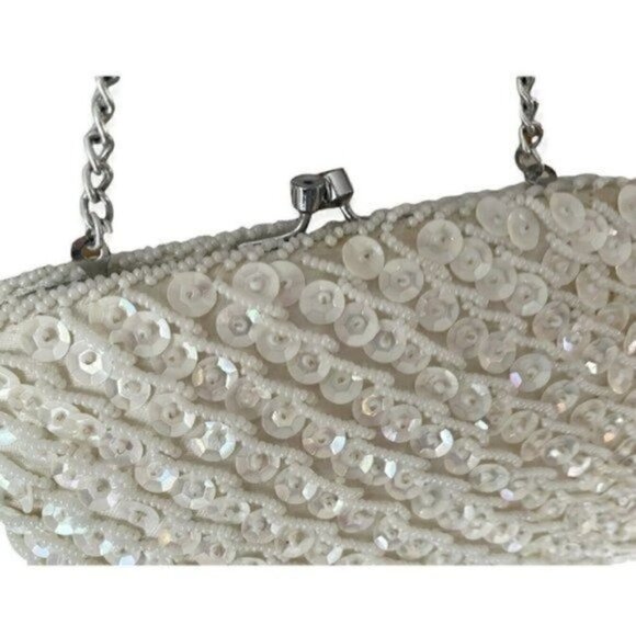 60s Vintage Sequined Off White Clutch Purse Hand Made In Hong Kong - Picture 3 of 6